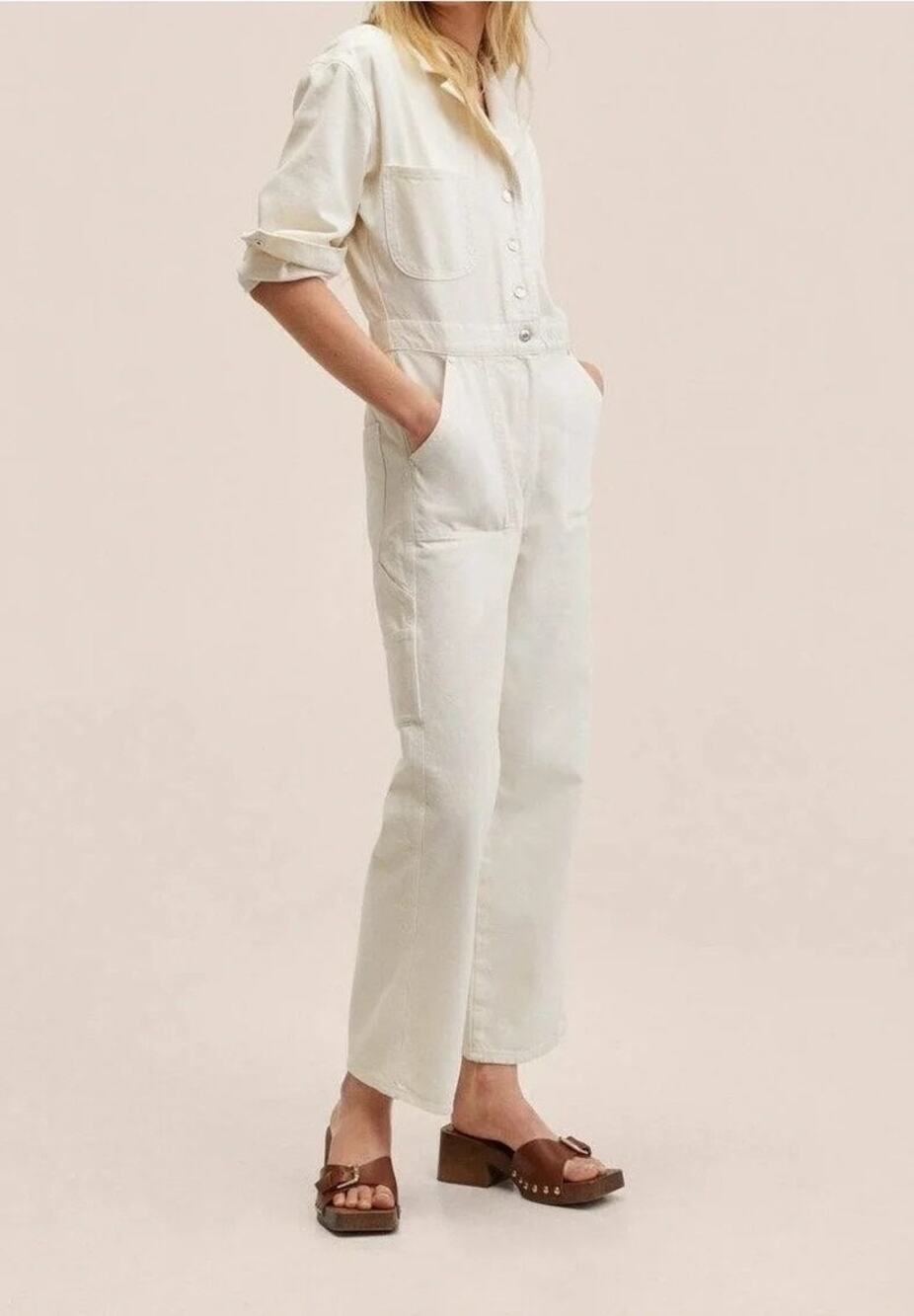 NWT Mango Buttons Denim Jumpsuit Cream White L